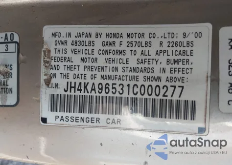 2001 Acura Rl 3.5 из США, поврежденный, VIN JH4KA96531C000277